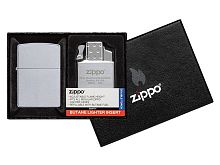 Набор ZIPPO: зажигалка 205 с покрытием Satin Chrome™ и газовый вставной блок с двойным пламенем